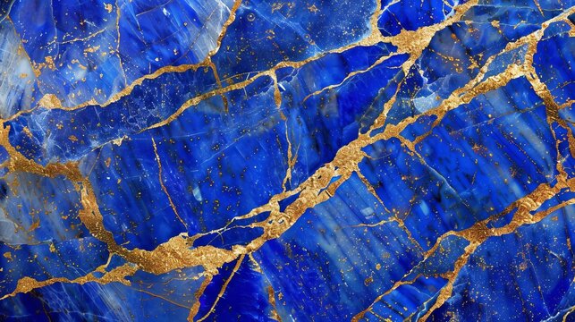 Photograph of lapis lazuli featuring delicate gold veins, suitable for a wall mural design that highlights the intricate gold patterns.