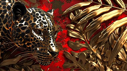 ontemporary 3D artwork featuring a leopard skin pattern, set in an Art Deco style with abundant gold accents against a rich red backdrop