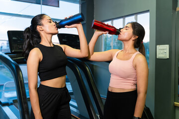 Two young asian indian fitness adult girls drinking water after gym workout. spot, break, healthy...