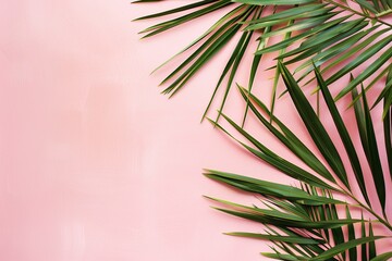 Tropical green palm leaves on pink background with copy space.