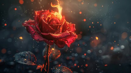 A mythical 3D image featuring a single rose with water drops, rays, and fire
