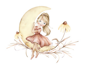 Blonde young girl ballerina in a pink dress and booties sits on the moon. Hand drawn illustration in isolated on white background. Dreamer girl and yellow moon and flower echinacea