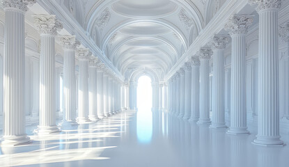 A white marble hall with pillars on both sides, adorned with gold accents. Created with Ai