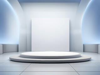 Contemporary tech event stage featuring a sleek white podium with screen mockup