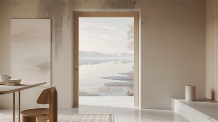 Calming study and relaxation space with a door framing a dreamy landscape, reflective lake, and warm neutrals like taupe, enhancing the room's welcoming vibe