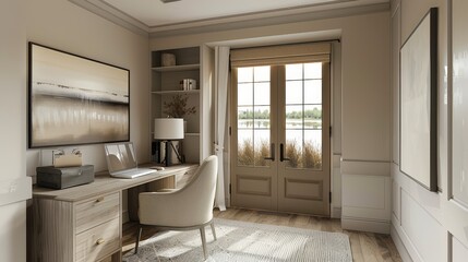 Calming study and relaxation space with a door framing a dreamy landscape, reflective lake, and warm neutrals like taupe, enhancing the room's welcoming vibe