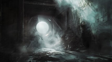 Fototapeta premium Chilling depiction of a basement with a door cracked open, light spilling out to reveal a hellish ring gate, the room filled with smoke and draped in dark mist