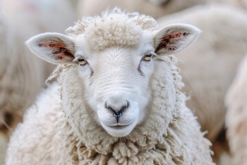 Fototapeta premium Close-up portrait of a fluffy white sheep with expressive eyes