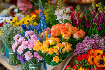A vibrant bouquet of fresh flowers in a florist shop showcasing their beauty and variety of colors, making them a perfect gift.