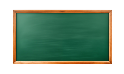 Clean green chalkboard with a smooth wooden frame, ready for writing, isolated on transparent background. Generative AI