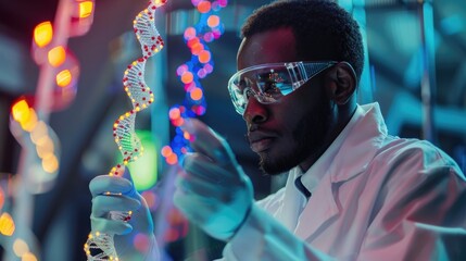 African American scientist intently examines a glowing DNA model - Powered by Adobe
