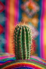 Cactus wrapped in a colorful mexican poncho background.