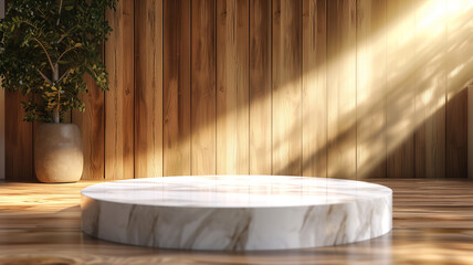 Marble podium with wooden wall as background