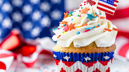 Patriotic cupcake with American flag and sprinkles - Powered by Adobe