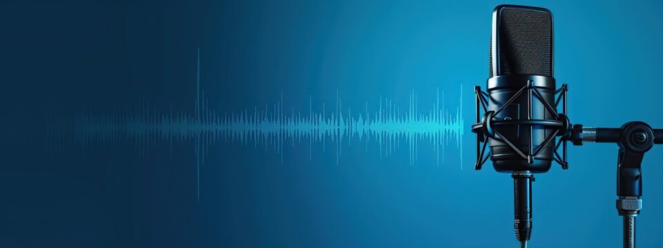 mikrofon dengan gelombang suara, tema podcasting, dan rekaman audio pada latar belakang digital biru.