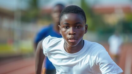 A young boy is running on a track with his head down