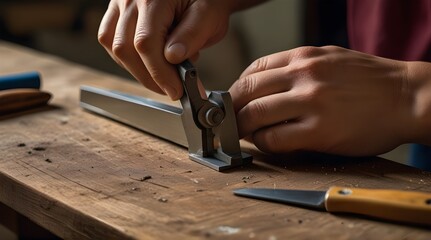 Hands of an artisan jeweler sawing a piece of jewelry with a hacksaw on a wooden.generative.ai