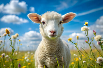 Obraz premium Close-up of a Lamb with Soft, Woolly Coat in a Meadow of Wildflowers