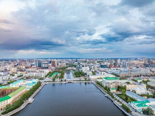 Embankment of the central pond and Plotinka. The historic center of the city of Yekaterinburg, Russia, Aerial View
