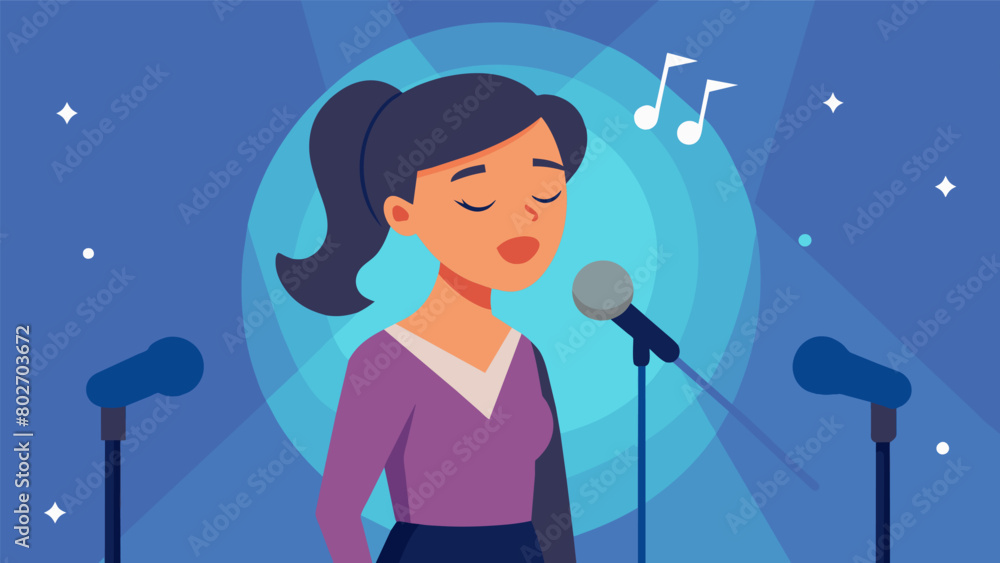 Poster a choir member standing alone in front of a microphone eyes closed in concentration as they deliver 