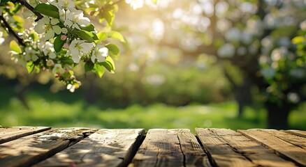 Spring background with wooden table and flowers in green garden.