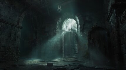 Chilling scene as light filters through an open door into a dungeon, uncovering a hellish ring gate and a dark, cobweb-covered storage room