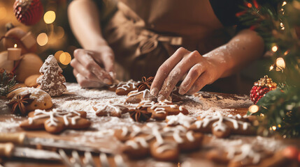 Baking gingerbread cookies during the holiday season at a cozy kitchen with festive decorations