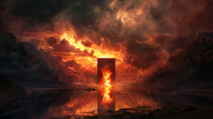 Chilling view of hell's door against a dark landscape, a devil's presence near a reflective lake, with flames and oppressive darkness around