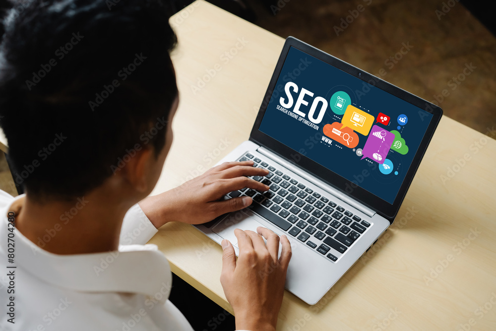 Aufkleber seo search engine optimization for modish e-commerce and online retail business showing on computer 