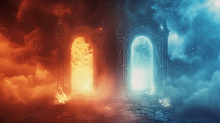 Obraz premium Conceptual scene with heaven and hell doors side by side, hell featuring intense flames and tormented souls, heaven calm and bright in misty surroundings