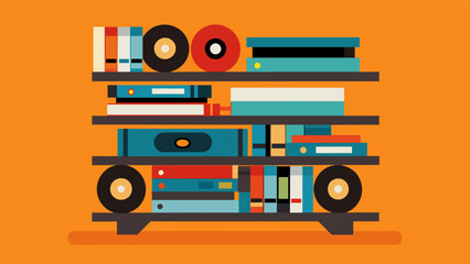 Fototapeta premium A wall storage unit made from stacked and screwed together vinyl records to hold books or other small items. Vector illustration