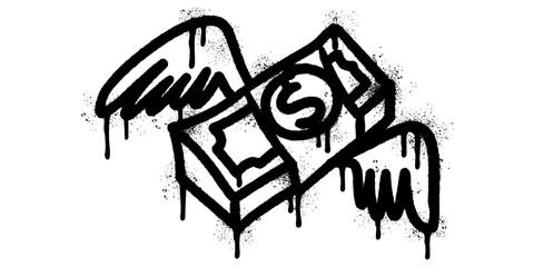 Spray Painted Graffiti Dollar bill with wings icon Sprayed isolated with a white background.