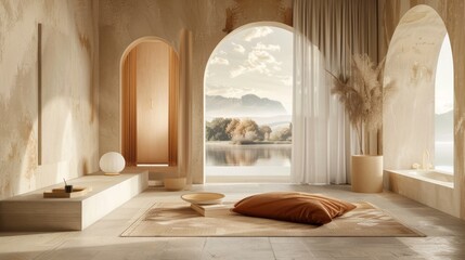 Cozy and grounding room for a young individual, incorporating a door with a view to a dreamy cloud-laden landscape and a lake, decorated in warm beige and caramel tones
