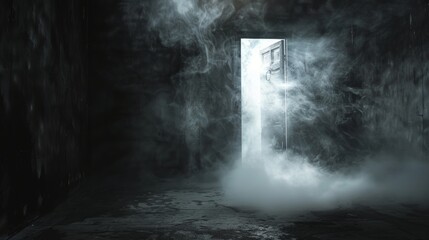 Creepy basement atmosphere, a door slightly open emitting light, revealing a ring gate and heavy smoke, all under a veil of darkness and mist