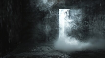Fototapeta premium Creepy basement atmosphere, a door slightly open emitting light, revealing a ring gate and heavy smoke, all under a veil of darkness and mist