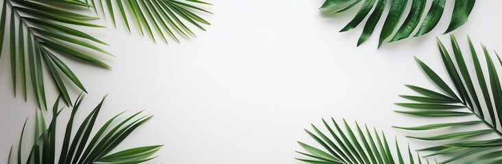 Tropical green palm leaves on white background with copy space.