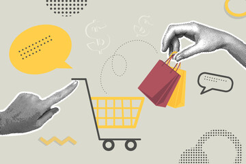 Trendy halftone collage of business concept in retro style. Shopping cart and hands with shopping.Vector illustration of sales, increase sales,financial profit, global strategy.  © Наталья Косаревич