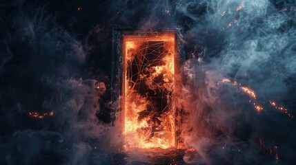 Creepy doorway to Hell, covered in cobwebs and shrouded in smoke, where flames light up the pained faces of trapped souls in the darkness