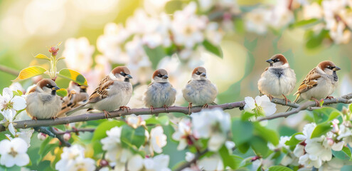A group of cute little birds perched on the branch, pink flowers in background