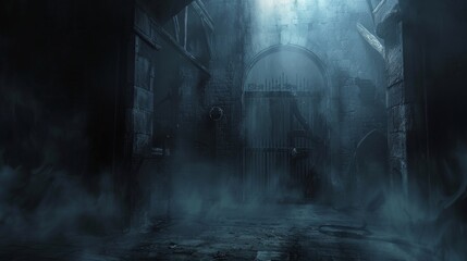 Fototapeta premium Creepy storage room shrouded in mist, with a ring gate and dim light filtering through the door, surrounded by darkness and hellish details