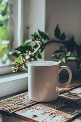 A white coffee mug sits on a rustic wooden table by a window adorned with greenery during bright daylight