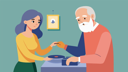 Obraz premium An older man carefully guiding a younger womans hands as they place the needle onto the record players arm. Vector illustration
