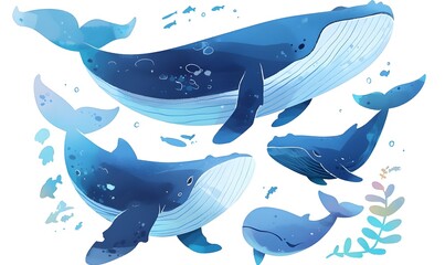 whales painted in water colour blue on white background , Generative AI