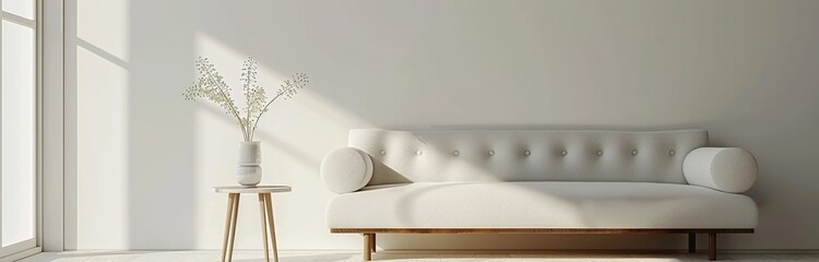White sofa with white wall background and green plants beside it.