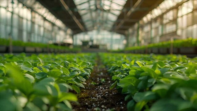 Vibrant rows of plants in a hydroponic farm, illustrating modern agricultural efficiency
