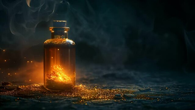 Mystical bottle releasing a cloud of sparkling dust, set in a shadowy, spellbound environment
