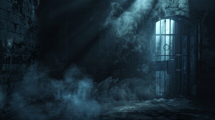 Dark and scary basement setting with a beam of light from an open door, ring gate obscured by smoke and cobwebs, deep shadows lurking
