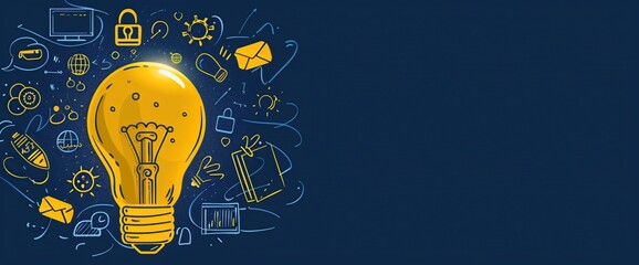 Light bulb with technology and marketing icons on illustration on dark blue background