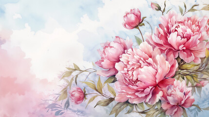 Watercolor peonies flowers on pastel background with copy space.