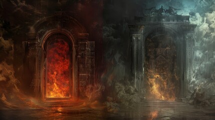 Dramatic portrayal of heaven and hell doors, hell with burning flames and screams, heaven serene and welcoming, both enveloped in darkness and mist